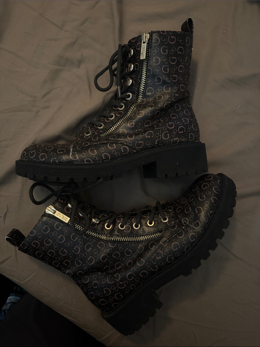 G by Guess Black Monogram Lace-Up Combat Boots with Gold Hardware